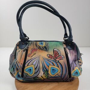 Anuschka Women's Leather Painted Shoulder Bag Butterflies Peacock Feathers Multi